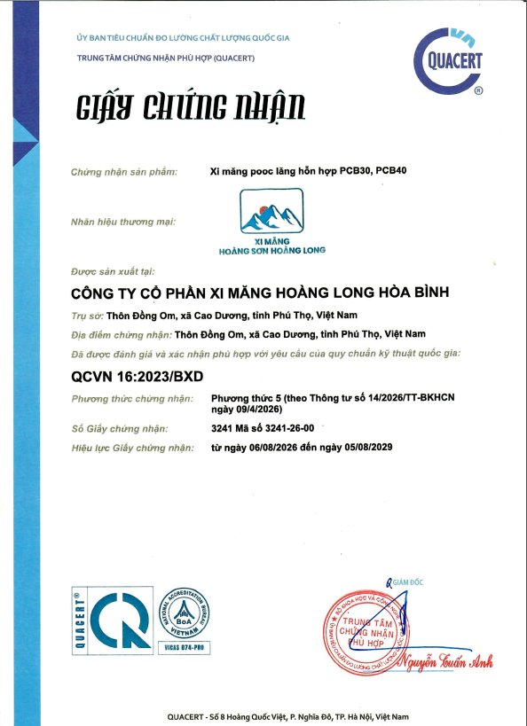 Giấy chứng nhận sản phẩm Xi măng pooc lăng hỗn hợp PCB30, PCB40