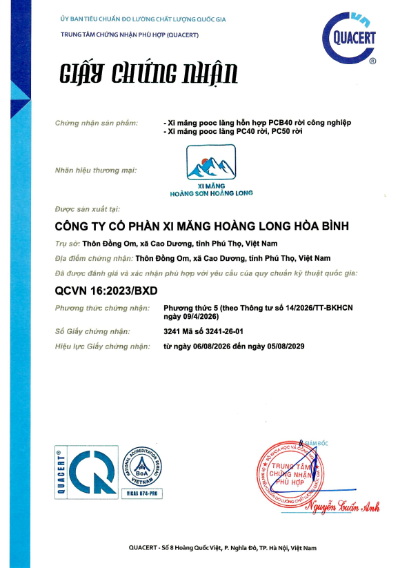 Giấy chứng nhận sản phẩm Xi măng pooc lăng hỗn hợp PCB40 rời công nghiệp; Xi măng pooc lăng PC40 rời, PC50 rời