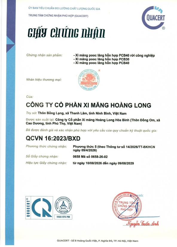 Giấy chứng nhận sản phẩm Xi măng pooc lăng hỗn hợp PCB40 rời công nghiệp; Xi măng pooc lăng hỗn hợp PCB30; Xi măng pooc lăng hỗn hợp PCB40