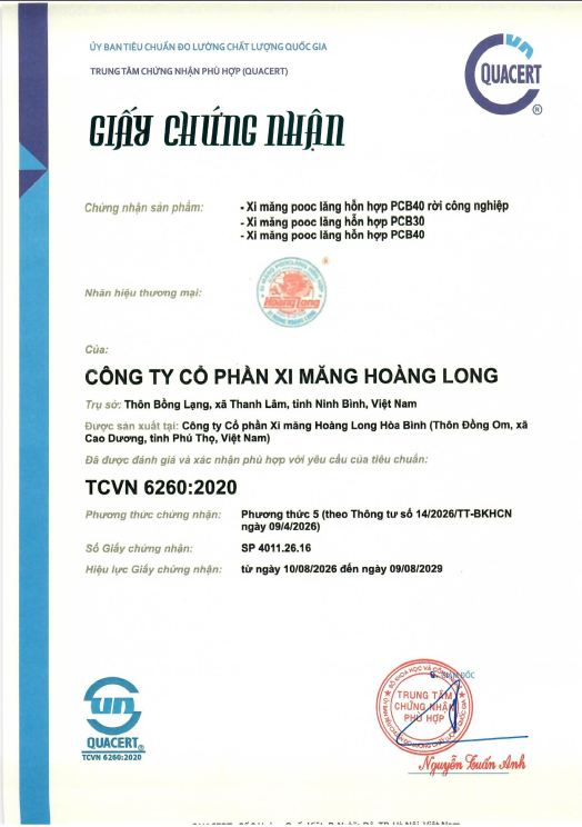 Giấy chứng nhận sản phẩm Xi măng pooc lăng hỗn hợp PCB40 rời công nghiệp; Xi măng pooc lăng hỗn hợp PCB30; Xi măng pooc lăng hỗn hợp PCB40