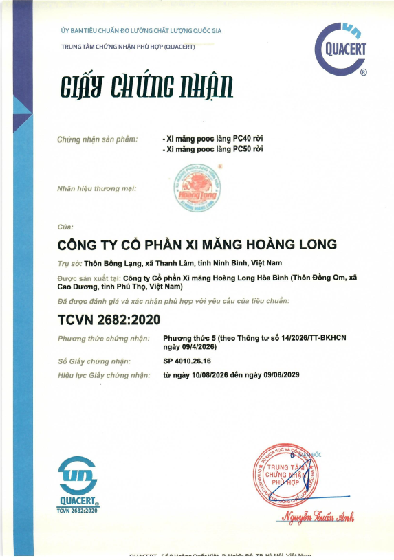 Giấy chứng nhận sản phẩm Xi măng pooc lăng PC40 rời, PC50 rời