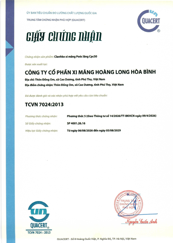 Giấy chứng nhận sản phẩm Clanhke xi măng Poóc lăng CPC50