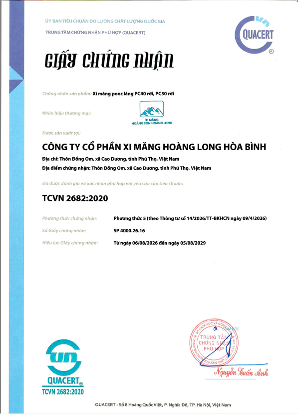 Giấy chứng nhận sản phẩm Xi măng pooc lăng PC40 rời, PC50 rời